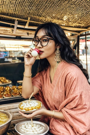 4k ,photo of a stunningly, amazing, looking at viewer, detailed eyes, wearing glasses, eating, dango, day, high_resolution, masterpiece, food stall, light details,apsara,Masterpiece