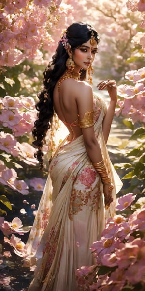  a beautiful Indian girl in a flower garden:

"(Front side),Generate a picturesque and enchanting visual representation of a stunning Indian girl in a lush flower garden. She possesses captivating black eyes that mirror the depth of the night sky, and her long, flowing black hair cascades gracefully down her back.

The girl is dressed in elegant and vibrant Indian-style clothing, adorned with intricate patterns and vibrant colors that harmonize with the blooming flowers around her. Her attire should reflect the rich cultural heritage of India.

Surrounded by a diverse array of colorful flowers in full bloom, the garden is a paradise of natural beauty. The scene should capture the girl's connection to nature, radiating a sense of tranquility and splendor.

This image should evoke the timeless charm and grace of an Indian girl in the midst of a breathtaking flower garden." Photographic cinematic super super high detailed super realistic image, 8k HDR super high quality image, masterpiece ,Saree,perfecteyes,k4k3k,lite brownish skin colour.,beard,fantasy_princess,1 girl,yuzu,FFIXBG,indian_bride,ME_beauty,flower_core