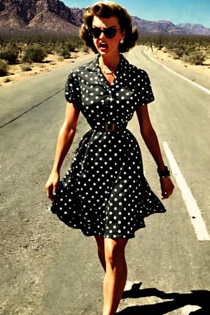 1950s style, angry woman in a polka dot dress, walking towards camera, fists clenched, empty highway in the desert,ViNtAgE
