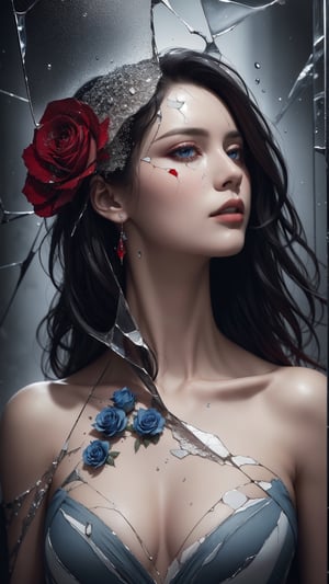 stunning artwork, woman, tear, rain, scattered broken glass, cracked glass, roses, tricolor scheme red-white-blue, (caustic photography,  dramatic, dark aesthetic), ultra detailed, intricate details,High detailed ,Detailedface