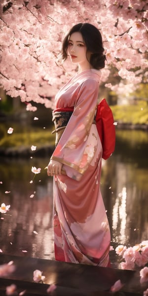  A young Japanese woman in a vibrant crimson kimono, adorned with blooming peonies, stands poised amidst a whirlwind of cherry blossoms. Their delicate pink petals blur in motion, contrasting with the gleaming gold of fantastical lotus flowers rising from a tranquil pond. Sunlight slants through the vibrant foliage, casting dappled light on her serene face and flowing black hair. (Mood: Dynamic, peaceful),utsukushi, dutch angle, dramatic