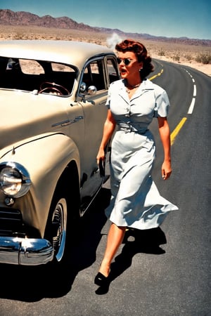 1950s style, angry woman in a polka dot dress, leaving her broke down and steamy hudson hornet classic car, walking towards camera, fists clenched, empty highway in the desert, ViNtAgE