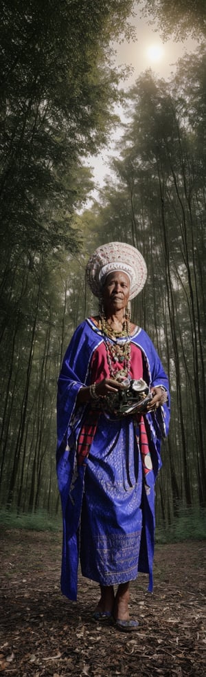 photorealistic, elderly african witchdoctor with white dreadlocks, casts spells with strange fluorescent flowers, in a dark forest while curious animals watch from the trees. Witchdoctor dresses in broken computer parts & bones,photorealistic