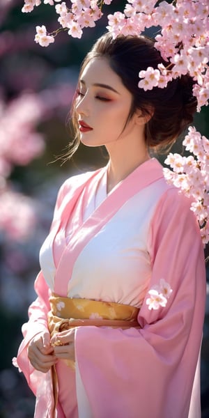 A beautiful female Palestine woman with hijab A Japanese woman stands in a vibrant garden, her flowing kimono adorned with delicate floral patterns. Cherry blossoms swirl around her in a motion blur, their soft pink contrasting with the gleaming gold of fantastical golden flowers blooming nearby. Sunlight filters through the branches, casting a warm glow on her serene expression. Capture the cinematic beauty of the scene, emphasizing movement and ethereal ambiance,1 girl,utsukushi