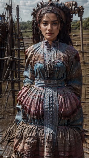 (photorealistic:1.4), 1girl. portrait photograph, H'mong girl, ((little girl, 10 years old)), focus on the girl, (sharp focus:1.12), ( standing alone on a muddy road):1.25, sweaty, dust, (dirt on face):1.12, (dirty clothes, tattered clothes):1.2, dusk lighting, (moody, aesthetic):1.16, photorealistic,miaozu,Detailedface,hmong,Masterpiece, detailed materials, detailed fabric, detailed texture, (low depth of field):1.3