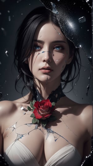 stunning artwork, woman, tear, rain, scattered broken glass, cracked glass, roses, tricolor scheme red-white-blue, (caustic photography,  dramatic, dark aesthetic), ultra detailed, intricate details,High detailed ,Detailedface