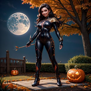 ((best quality)), ((masterpiece)), ((ultra-detailed)), high resolution, halloween monsters gardening in yard on autumn eve, futuristic clothing, cool pose, cute, smile, happy, simple background, full body, High detailed, smiling, futuristic clothing, dynamic pose,