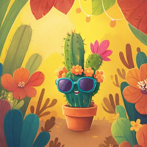 happy cactus wearing sunglasses, flower on his head, in autumn season,  illustration, no humans, looking at viewer, solo, portrait, vector art,