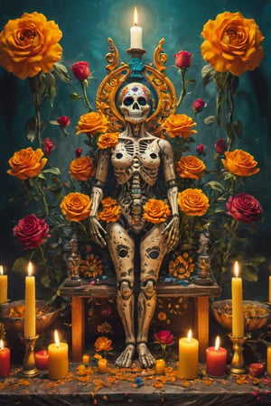 (masterpiece:1.1), (highest quality:1.1), (HDR:1.0), extreme quality, cg, (negative space), Mexican Day of the Dead altar, with many details, chempasuchil (marigold) flowers, roses, candles, (plants:1.18), (fractal art), (bright colors), splashes of color background, colors mashing, paint splatter, complimentary colors, compassionate,aw0k geometry