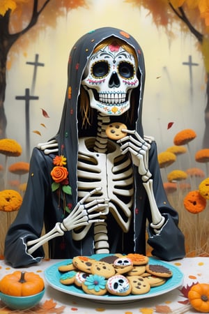 2D, living_skeleton, creepy, eating cookies,  (style of day of the dead:1.3) 
(masterpiece,best quality:1.5),
mexican clothing, Meadow,autumn, \Mayuri (Steins;Gate)\,HellAI,isni,Monster,Leonardo Style,dripping paint,detailmaster2