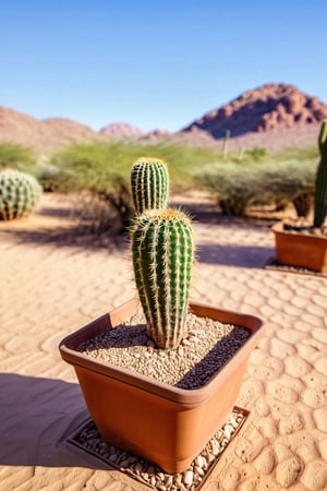 (best quality, masterpiece, ultra detailed, 8K, RAW photo), 
cactus inside a square pot (1 liter), in the background a desert