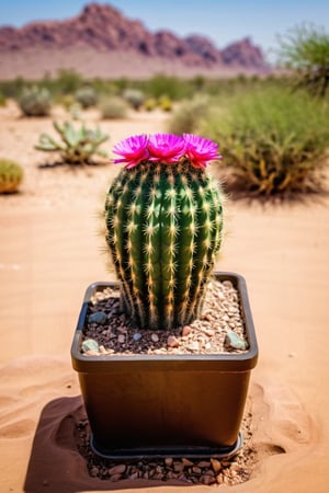 (best quality, masterpiece, ultra detailed, 8K, RAW photo), 
cactus with flower crown inside a square pot, in the background a desert