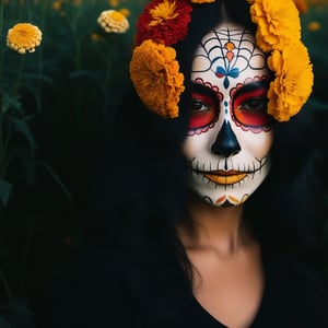 catrina in a marigolds field ( Cempasúchitl ), day of death, in autumn season, looking at viewer, solo, portrait, aesthetic portrait, detailmaster2,photo r3al,aesthetic portrait