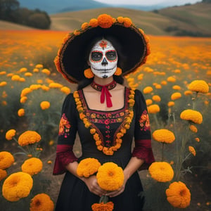 catrina in a marigolds field ( Cempasúchitl ), day of death, in autumn season, looking at viewer, solo, portrait, aesthetic portrait, detailmaster2,photo r3al,aesthetic portrait