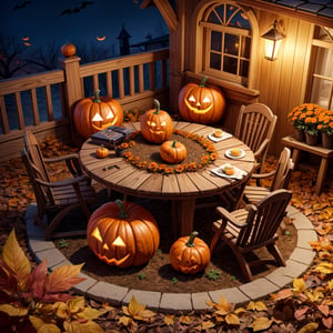 ((best quality)), ((masterpiece)), ((ultra-detailed)), high resolution, halloween monsters gardening in yard on autumn eve, wooden table, on top of it flowerpots and gardening tools