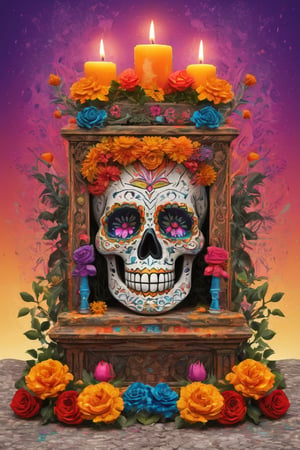 (masterpiece:1.1), (highest quality:1.1), (HDR:1.0), extreme quality, cg, (negative space), Mexican Day of the Dead altar, with many details, chempasuchil (marigold) flowers, roses, candles, (plants:1.18), (fractal art), (bright colors), splashes of color background, colors mashing, paint splatter, complimentary colors, compassionate,