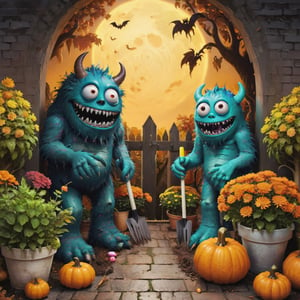 monsters gardening infront flowerpots and gardening tools, autumn eve, halloween season, ((best quality)), ((masterpiece)), ((ultra-detailed)), high resolution, 