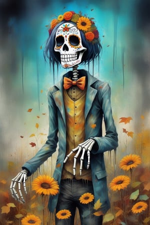 2D, living_skeleton, creepy,,  (style of day of the dead:1.3) 
(masterpiece,best quality:1.5),
Grunge clothing, Meadow,autumn, \Mayuri (Steins;Gate)\,HellAI,isni,Monster,Leonardo Style,dripping paint,detailmaster2