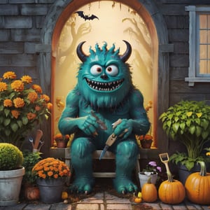 monsters gardening infront flowerpots and gardening tools, autumn eve, halloween season, ((best quality)), ((masterpiece)), ((ultra-detailed)), high resolution, 