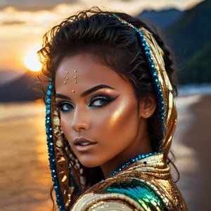 realistic, 4K, RAW photo, glistening textures, photography, HDR, cinematic lighting, iridescent gold, golden hour, photorealistic, reflection, award-winning, “”20 year old miss BRASIL” by Steve McCurry, 35mm, F/2.8, character, hypermaximalist, SPORTIVE, ornate, beautiful, exotic, revealing, appealing, attractive, amative, hyper-realistic”, NEON Face makeup,Face makeup,Glossy finish