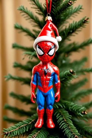 "dressed christmas_ornament, in form of FULL BODY [SPIDERMAN], made of ceramic, wearing a santa hat", CHRISTMAS TREE BACKGROUND