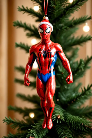 "christmas_ornament, in form of FULL BODY [SPIDERMAN], made of ceramic, wearing a santa hat", CHRISTMAS TREE BACKGROUND