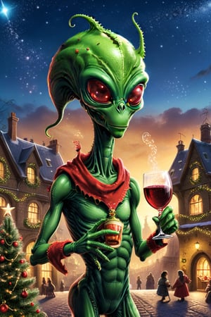 AN alien celebrating Christmas drinking wine in the hand, city background

