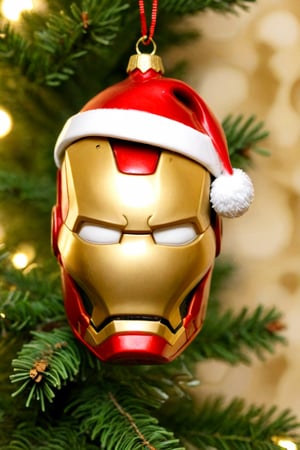 "close up christmas_ornament, in form of [iron man], made of ceramic, wearing a santa hat",Leonardo, Style,LOGO,christmas_ornament, text : IRON MAN