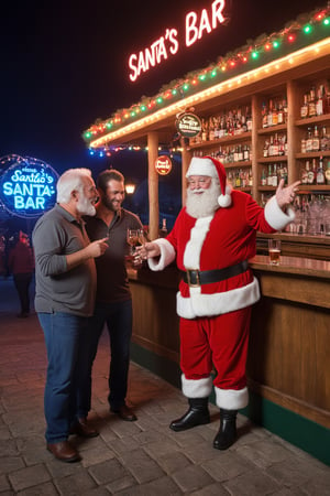 imagine SANTA CLAUS is a barman talking with a customer, text: SANTA's BAR, photo r3al, neon lights,photo r3al, outside bar