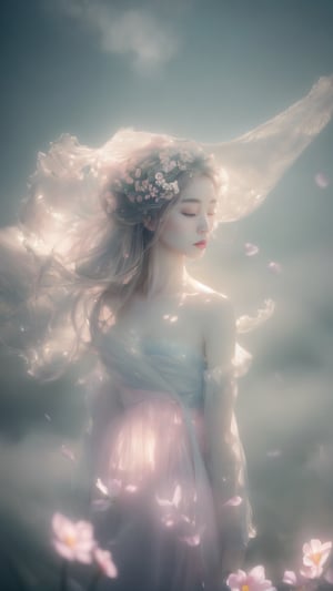 In a dreamy and ethereal setting, the korean woman is depicted floating in a cloud of mist and soft light. Her body is surrounded by delicate flowers that seem to bloom from her very essence, symbolizing the beauty and vitality of femininity. The colors used are pastel and muted, creating a serene and tranquil atmosphere. The composition is organic and flowing, with the woman’s body forming graceful curves that harmonize with the natural elements around her. The overall mood is one of enchantment and mystique, evoking a sense of wonder and reverence for the feminine form,joseon,photorealistic,Detailedface