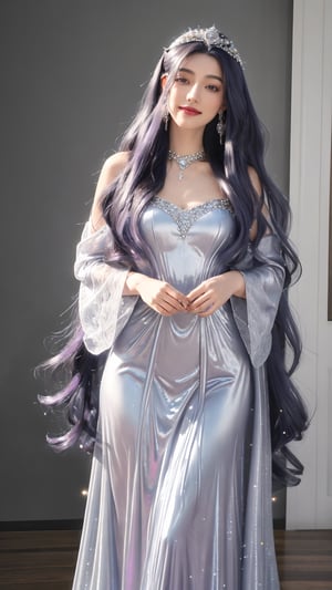 8k, (absurdres, highres, ultra detailed),space princess is a sight to behold, her flowing gown shimmers with ethereal hues of deep purple and silver, adorned with intricate lacework and embellished with sparkling gemstones. Her long hair cascades in iridescent waves, framing a face that radiates pure beauty and grace. resulting in a breathtaking masterpiece that leaves the viewer in awe.light smile,straight-on, smoke and shadows,y2k