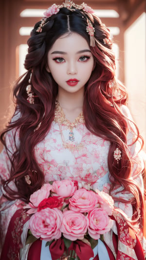 (masterpiece, best quality:1.4), (beautiful, aesthetic, cute, adorable:1.2), (depth of field:1.2), sexy, perfect female form, expressive eyes, long hair, Beautiful korean kisaeng, vibrant colors, heavy make-up, bright red lipstick, ((long thick hair, volume hair, long thick wavy hair with curls)), messy hair, full shot, wearing flowery deep red hanbok, flower pattern,  big natural camellia flower on hair, extensive mauve, (Aesthetic Minimalist Natural Pink Camellia Flowers Background),downblouse,1 girl, korean, stunningly beautiful face, extremely detailed eyes, stunningly beautiful eyes, HDR, 4K, seductive pose, ornate necklace,joseon