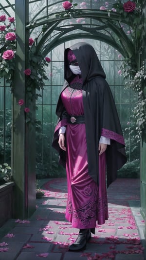 A lone figure cloaked in scarlet silk wanders a labyrinthine greenhouse. Each step crushes fresh petals, their aroma swirling like unspoken desires. A single black rose blooms beneath their mask, a hint of darkness in the floral paradise. Surreal, dramatic, high resolution.
