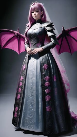 1girl, full body, (absurdres, highres, ultra detailed), wings, scales, armor, Extremely Realistic, wedding, black rose and old pink rose embroidery on tulle . Extremely Realistic, smoke and shadows,dragon_fashion