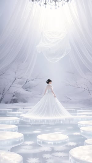 A grand ballroom lies frozen in time, delicate ice flowers clinging to crystal chandeliers. A lone figure waltzes amidst the icy blooms, their breath a plume of mist in the eternal winter. Surreal, dramatic, high resolution.,y2k