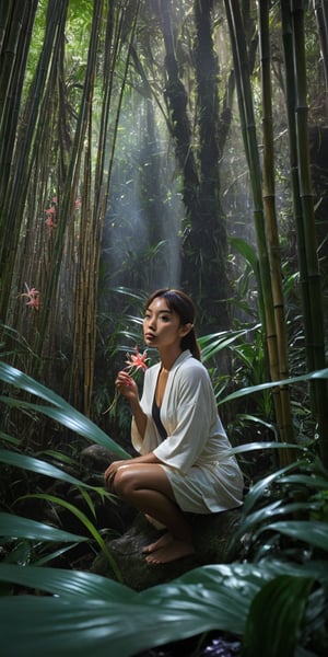 1girl, full body, high detailed, ultra realistic,  Deep within a bamboo forest, a hidden clearing reveals a haven of vibrant orchids. In their midst, a figure rests, the memory of spider lilies fading from their thoughts as they inhale the fresh, invigorating air. (Focus on peaceful sanctuary, contrasting light and shadow, and the healing power of nature), Movie Still