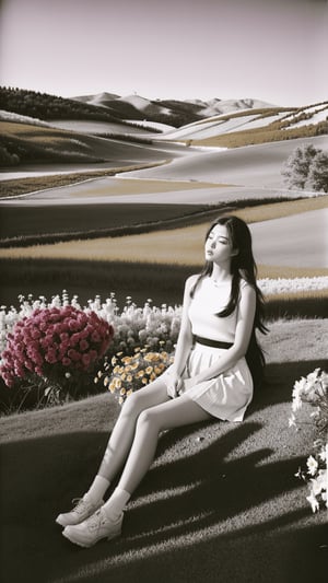 8k, (absurdres, highres, ultra detailed),A melancholic autumn scene in a vast flower field,a gentle breeze rustling through the dry grass,fallen leaves scattered among the flowers, a bittersweet atmosphere, a moment of quiet contemplation,1girl,long hair,white_skirt, high-waist_shorts, outfit ,roses,(dynamic angle:1.1),vivid,Soft and warm color palette, delicate brushwork, evocative use of light and shadow, wide shot,subtle details in the wilting flowers,high contrast,color contrast
,y2k,photorealistic