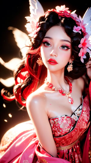 (masterpiece, best quality:1.4), (beautiful, aesthetic, cute, adorable:1.2), (depth of field:1.2), sexy, perfect female form, expressive eyes, long hair, Beautiful korean kisaeng, vibrant colors, heavy make-up, bright red lipstick, ((long thick hair, volume hair, long thick wavy hair with curls)), messy hair, full shot, wearing flowery deep red hanbok, flower pattern,  big natural camellia flower on hair, extensive mauve, (Aesthetic Minimalist Natural Pink Camellia Flowers Background),downblouse,1 girl, korean, stunningly beautiful face, extremely detailed eyes, stunningly beautiful eyes, HDR, 4K, seductive pose, ornate necklace,joseon