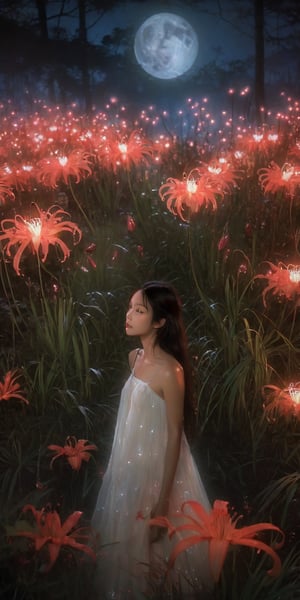 1girl, full body, high detailed, ultra realistic,  Bathed in ethereal moonlight, a figure stands amidst a field of spider lilies, their crimson whispers echoing the sorrow in their eyes. Butterflies, fragile yet determined, flutter around them, drawn to the moonlit beauty and silent lament. (Focus on melancholic ambiance, contrasting colors, and the butterfly's symbolic hope), Movie Still