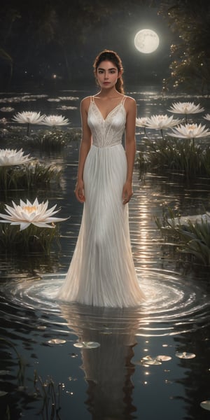 1girl, full body, high detailed, ultra realistic, On a shimmering lake, a woman in a white dress drifts in a boat, surrounded by floating spider lilies. The moon casts a mystical glow, blurring the line between reality and dream, memory and present. (Focus on surreal atmosphere, dreamlike imagery, and the exploration of subconscious emotions), Movie Still