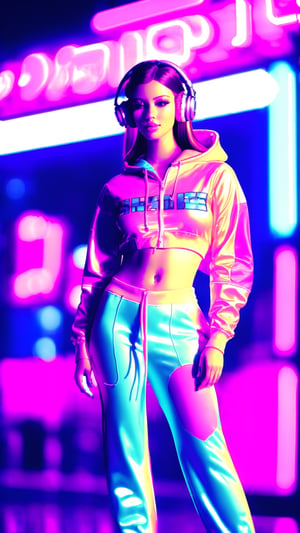 Dreampolis, hyper-detailed digital illustration, cyberpunk, single girl with techsuite hoodie and headphones in the street, neon lights, lighting bar, city, cyberpunk city, film still, backpack, in megapolis, pro-lighting, high-res, masterpiece,1 girl