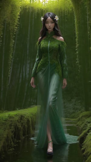 A model strides down a runway sculpted from moss and vines, her dress a cascade of vibrant jade lilies. Every movement stirs the air, releasing the sweet scent of blooming secrets. Organic, futuristic, high resolution.,y2k,flower_core