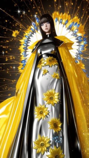 A woman with eyes like electric daisies stands amidst a field of metallic sunflowers. Her sleek, chrome gown echoes the flower's form, a fusion of nature and technology. Glitchy, detailed, high resolution.