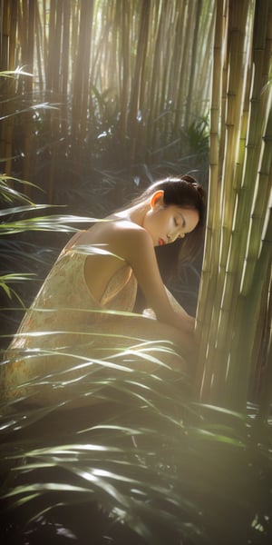 1girl, full body, high detailed, ultra realistic,  In a bamboo grove dappled with sunlight, a young woman rests, spider lilies woven into her hair like forgotten memories. Orchids, vibrant and alive, bloom nearby, offering a counterpoint to the melancholy beauty of the lilies. (Emphasize contrasting emotions, sunlight through bamboo, and the juxtaposition of life and remembrance), Movie Still