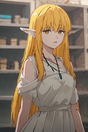 1girl, solo, blurry_background, blurry, dress, long_hair,  white_dress, shoulder, yellow eyes, pointy ears,  serie, blonde, necklace, upper body, collarbone, serie, indoors, midjourney, mature_female, ,shirt_lift