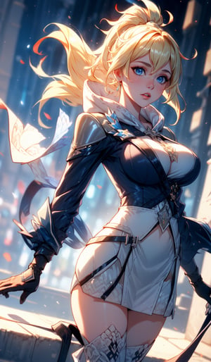 (masterpiece, best quality:1.2),  1girl, solo, big_boobies,  blonde_hair,  short_hair,  long_sleeve , curvy_hips, night, , blue_eyes, skirt, ponytail , skirt