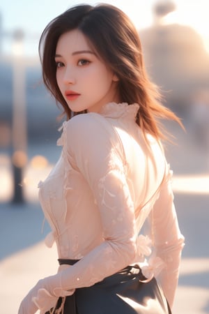A 21-year-old chinese girl walks confidently outside on a sun-kissed day. The camera captures her from the side and rear views, showcasing the skirt's texture and the way it hugs her curves. Earthy tones dominate the frame, with warm lighting casting a flattering glow. Her figure is accentuated by the cinematic composition, with the leather skirt taking center stage.,1 girl , ,fellajob, fellatio