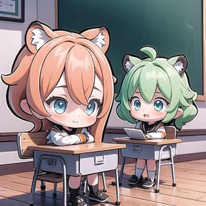 (Masterpiece), two girl, chating in the classroom, chibi, character sheet, blond hair, blue eyes, long hair, tiger-orange ears, chibi
