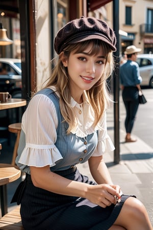 award winning analog photo of a Italian woman aiming to capture pure joy and innocence in warm midday light with playful shadows, sitting outside coffee shop, soft lighting, (23 yo), blonde_brunette blunt bangs short, newsboy hat, modelshoot, (toned:0.3), round neckline blouse, long skirt with frills, cinematic, 