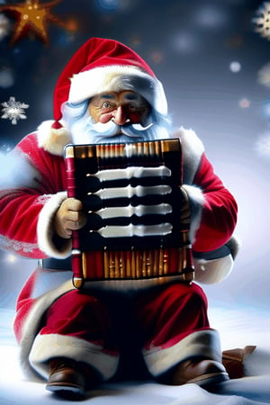 Santa Claus, sitting in the snow and playing the accordion
